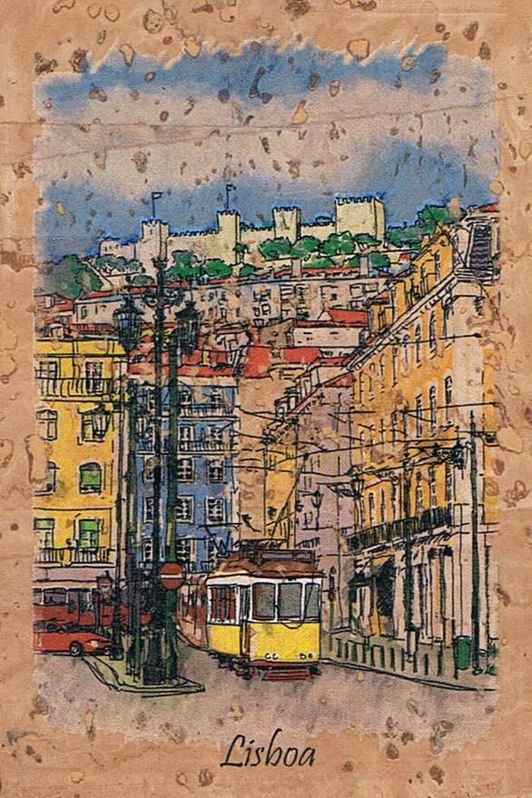 Lisbon Yellow Tram and São Jorge Castle Illustrated Cork Fridge Magnet