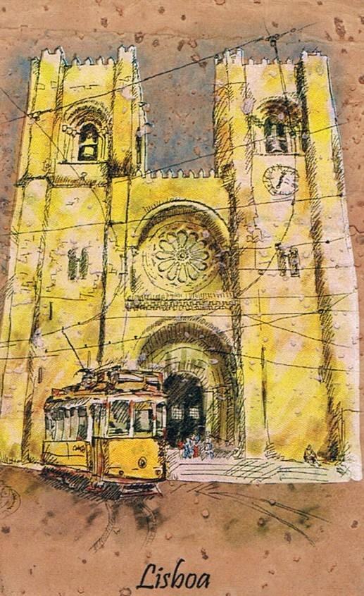 Lisbon Cathedral and Yellow Tram Illustrated Cork Fridge Magnet