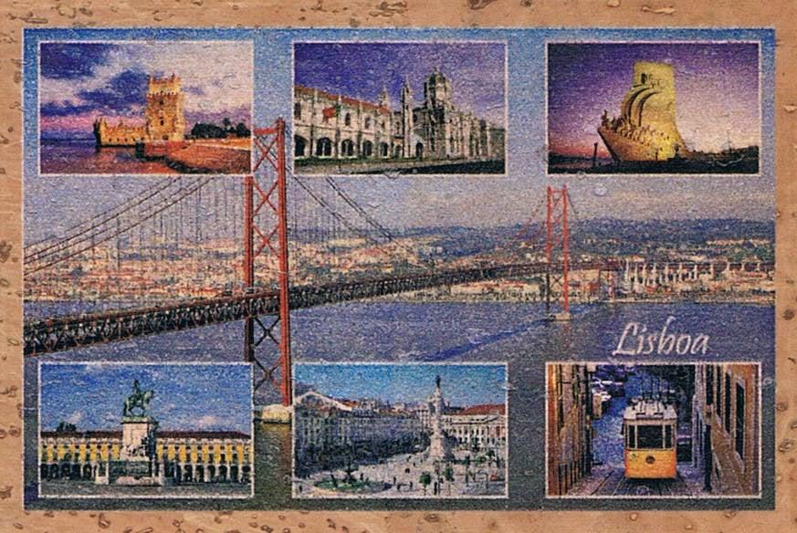 25 de Abril Bridge and Lisbon Landmarks Collage Cork Fridge Magnet