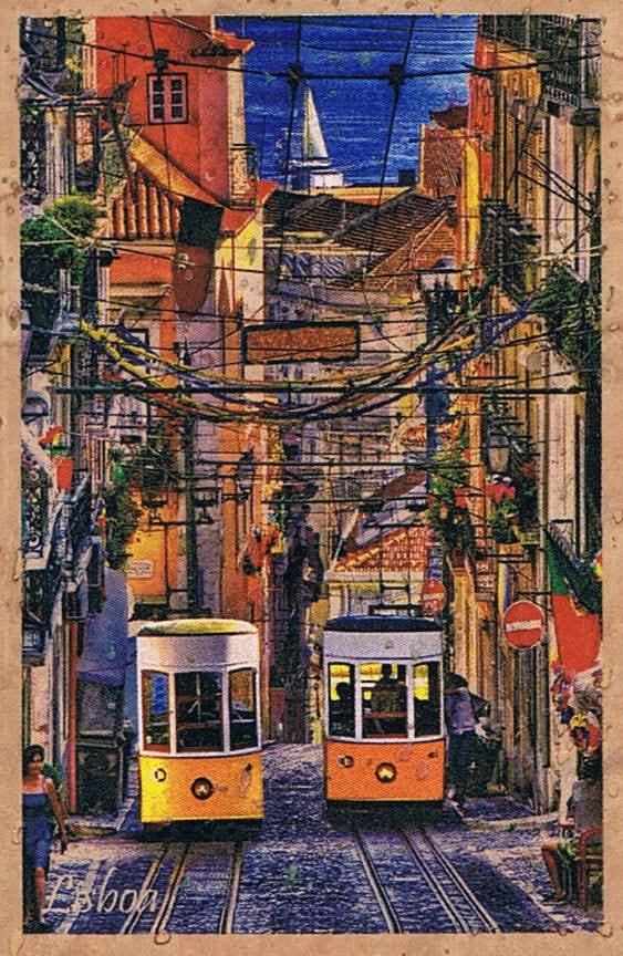 Two Yellow Lisbon Trams on Narrow Street Cork Fridge Magnet