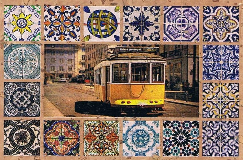 Yellow Lisbon Tram with Azulejo Mosaic Cork Fridge Magnet