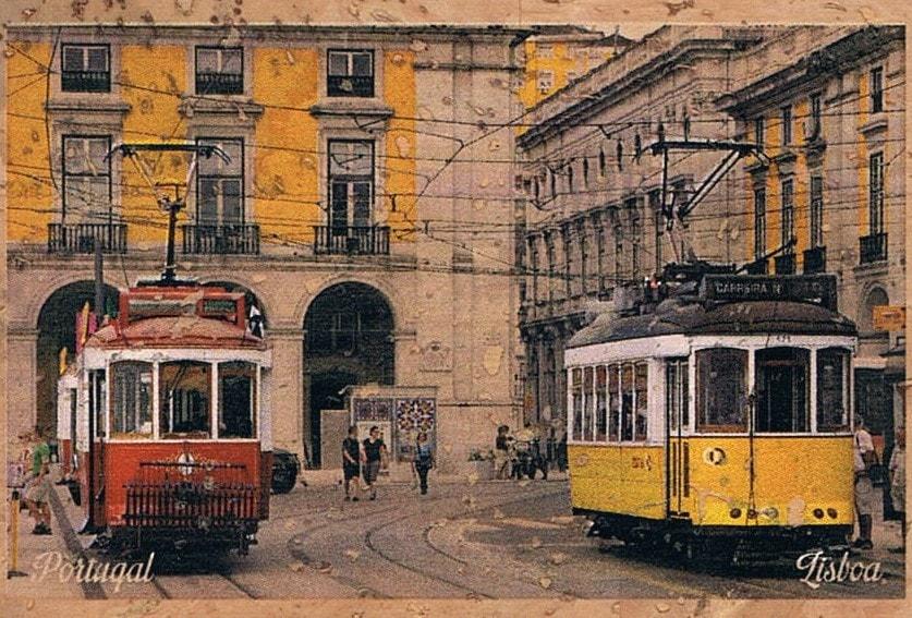 Two Lisbon Trams in Historic Square Cork Fridge Magnet