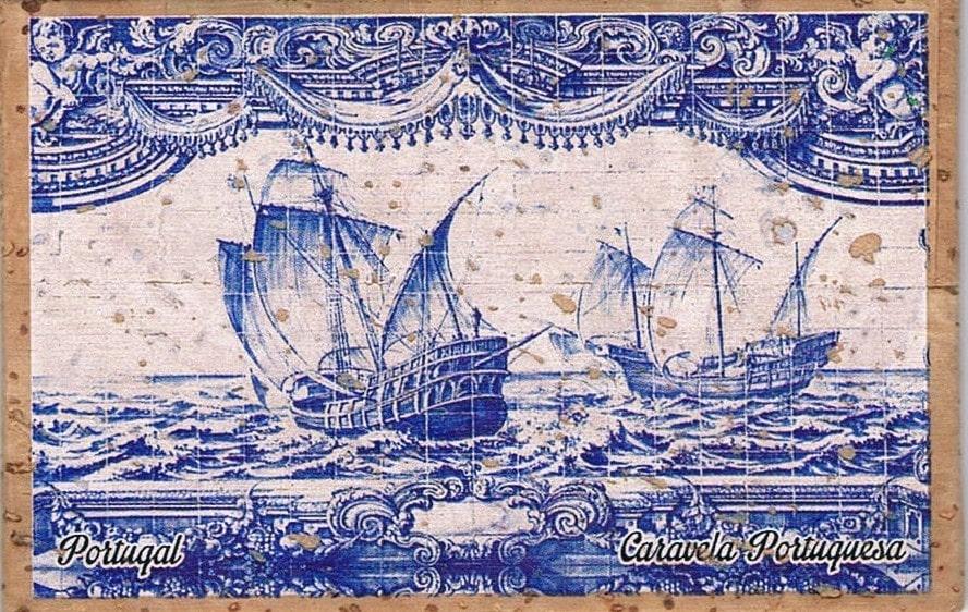 Portuguese Sailing Ships Blue Azulejo Cork Fridge Magnet