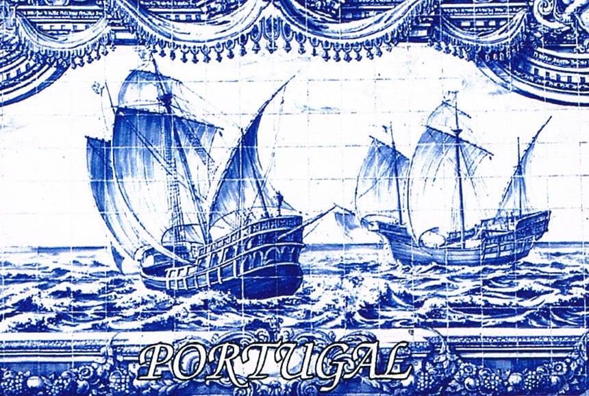 Two Portuguese Sailing Ships Blue Azulejo Premium Fridge Magnet