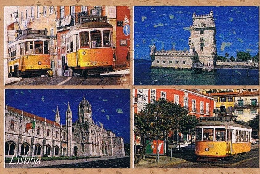 Lisbon Trams, Belém Tower and Jerónimos Collage Cork Fridge Magnet