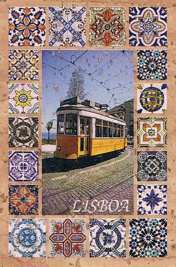 Lisbon Yellow Tram and Azulejo Border Vertical Cork Fridge Magnet