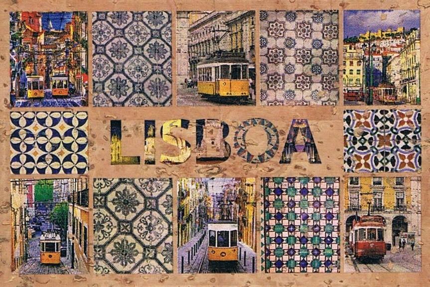 Lisboa Lettering, Trams and Azulejos Cork Fridge Magnet