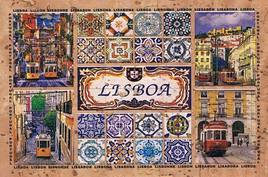 Lisbon Tram Streets and Azulejos Cork Fridge Magnet