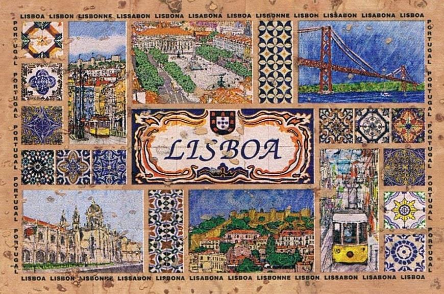 Lisbon Landmarks and Azulejos Collage Cork Fridge Magnet