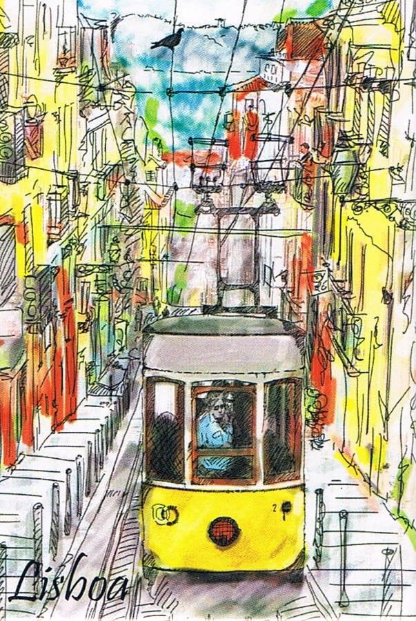 Lisbon Yellow Tram Watercolour Street Premium Fridge Magnet