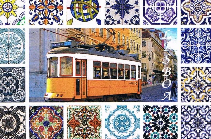 Orange Lisbon Tram with Azulejo Patchwork Premium Fridge Magnet