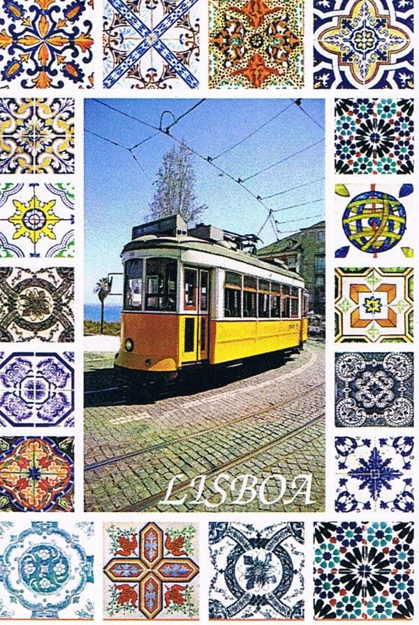 Yellow Lisbon Tram with Colourful Azulejo Border Premium Fridge Magnet