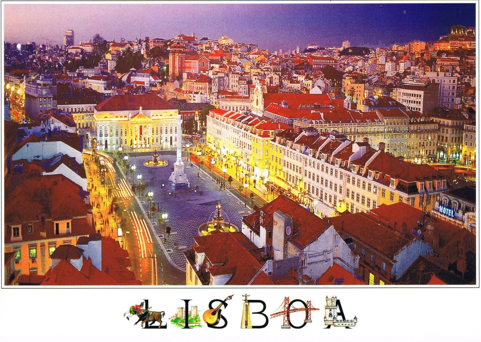 Rossio Square Lisbon Illuminated Aerial Panorama Premium Postcard