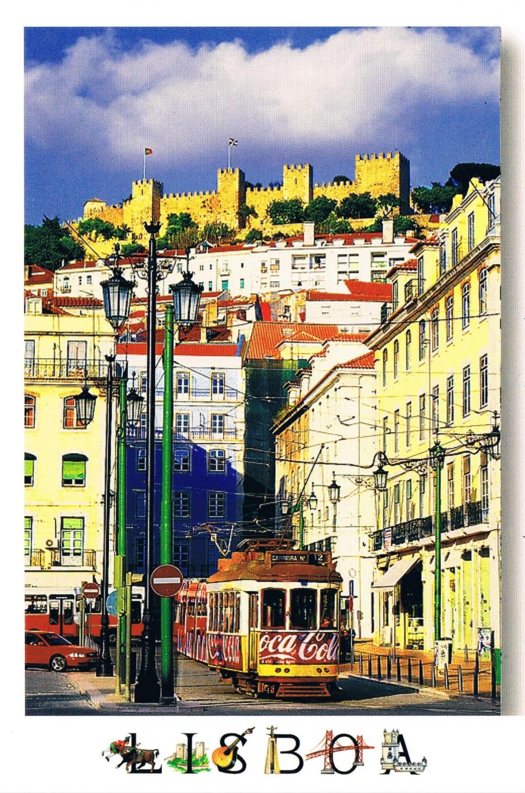 Lisbon Vintage Red Tram and São Jorge Castle Premium Postcard
