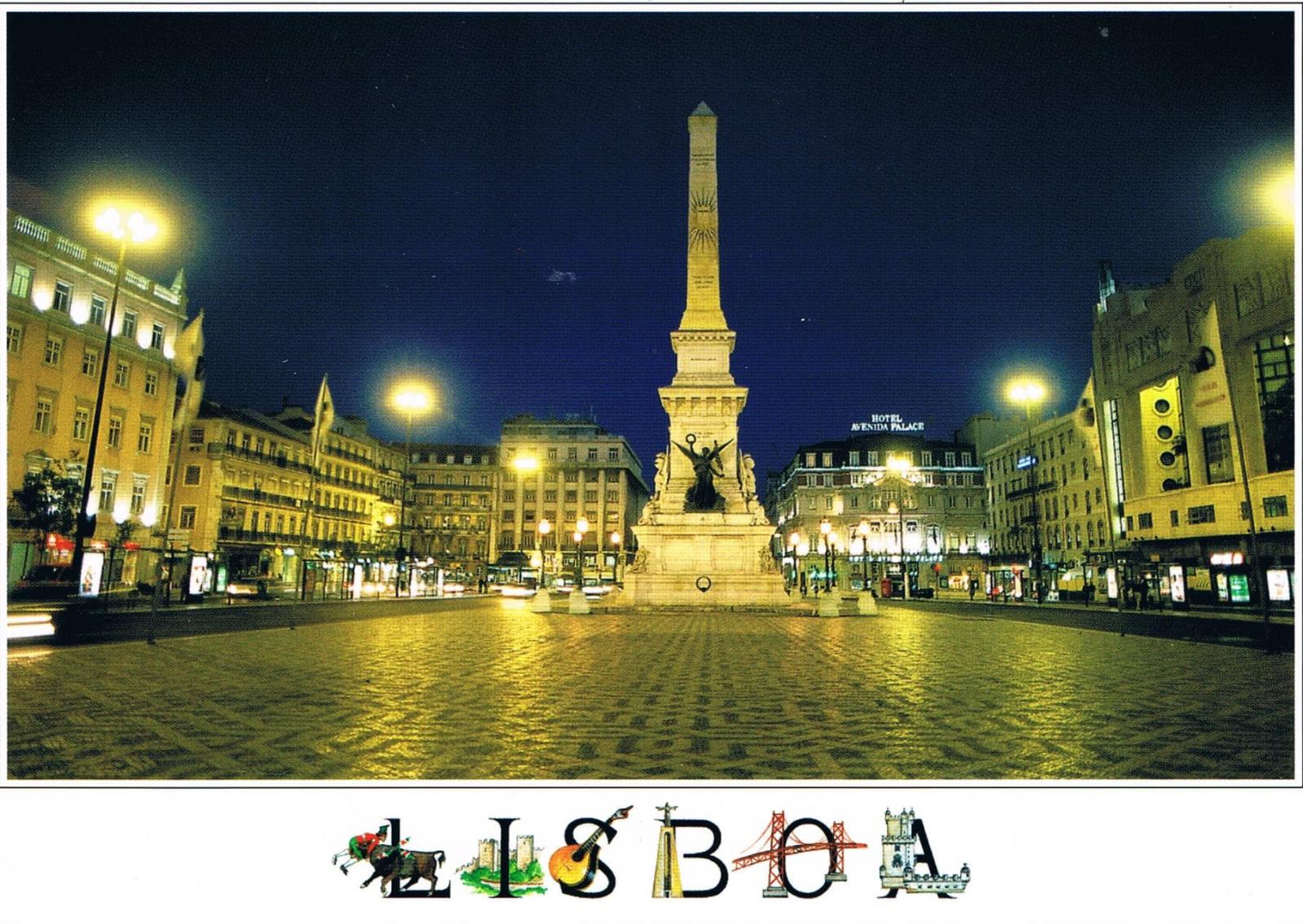 Restauradores Square Lisbon Obelisk at Night Premium Postcard