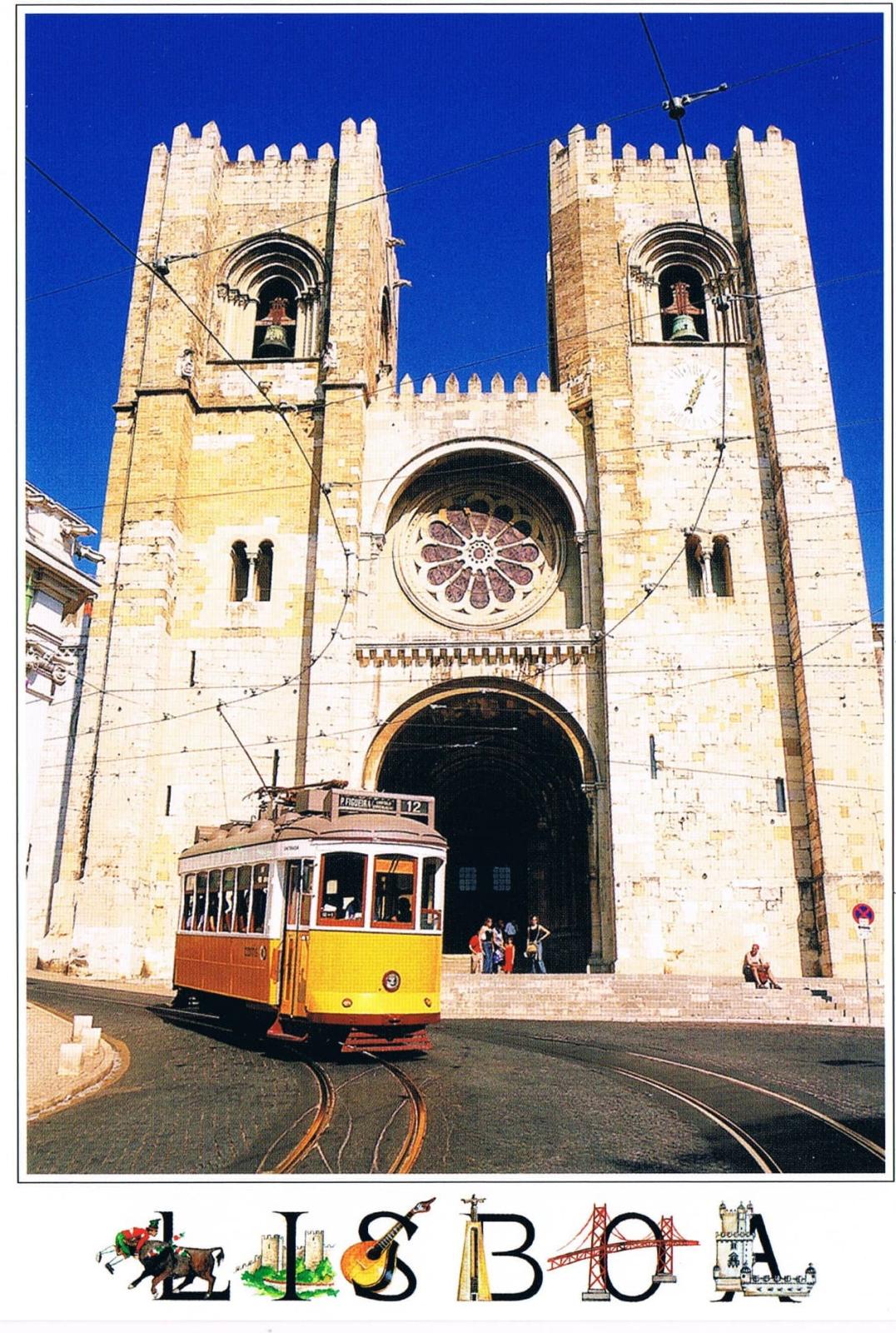 Lisbon Cathedral with Yellow Tram Vertical Premium Postcard