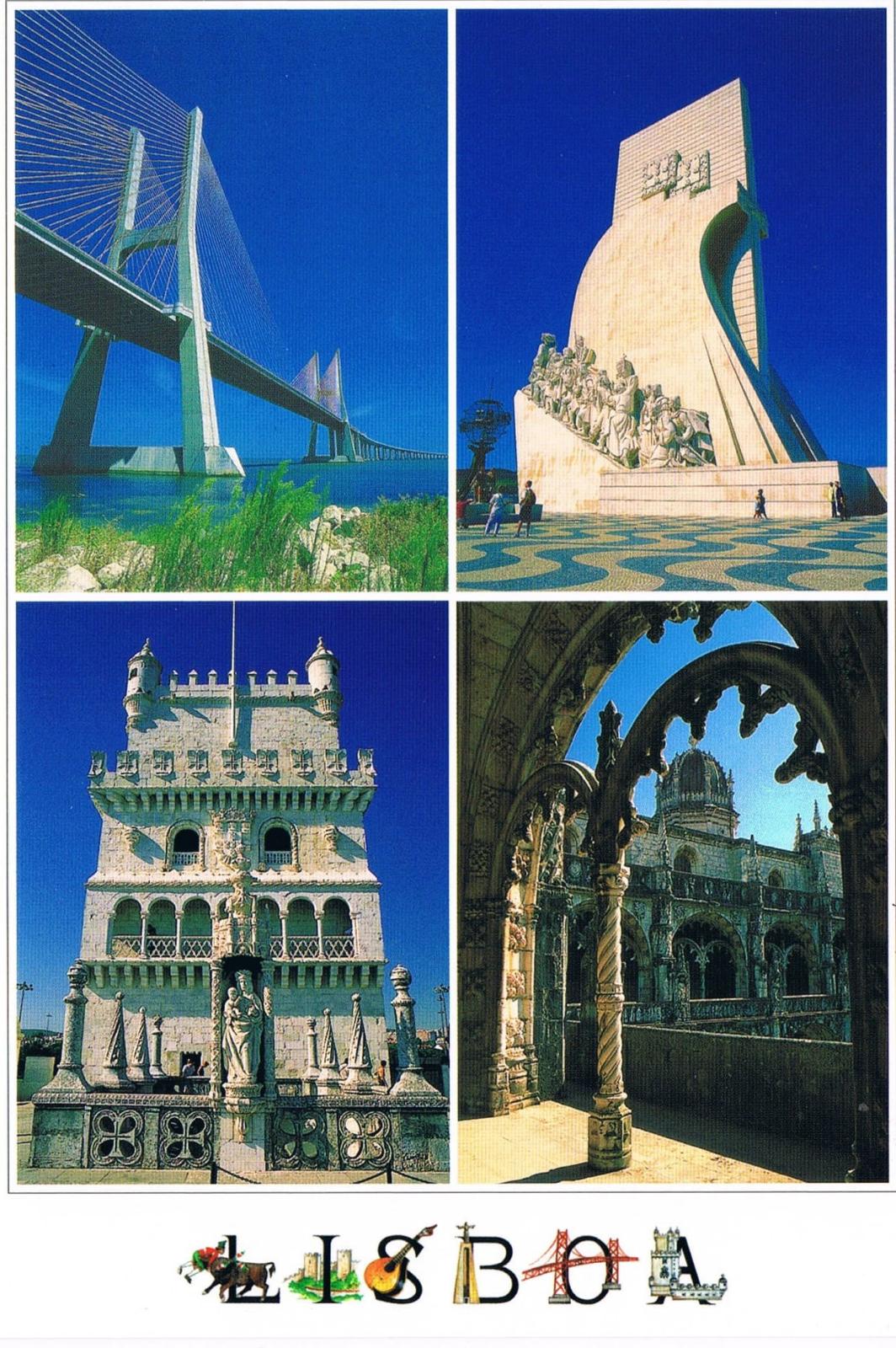 Lisbon Belém Tower, Discoveries, Bridge and Castle Four-View Premium Postcard