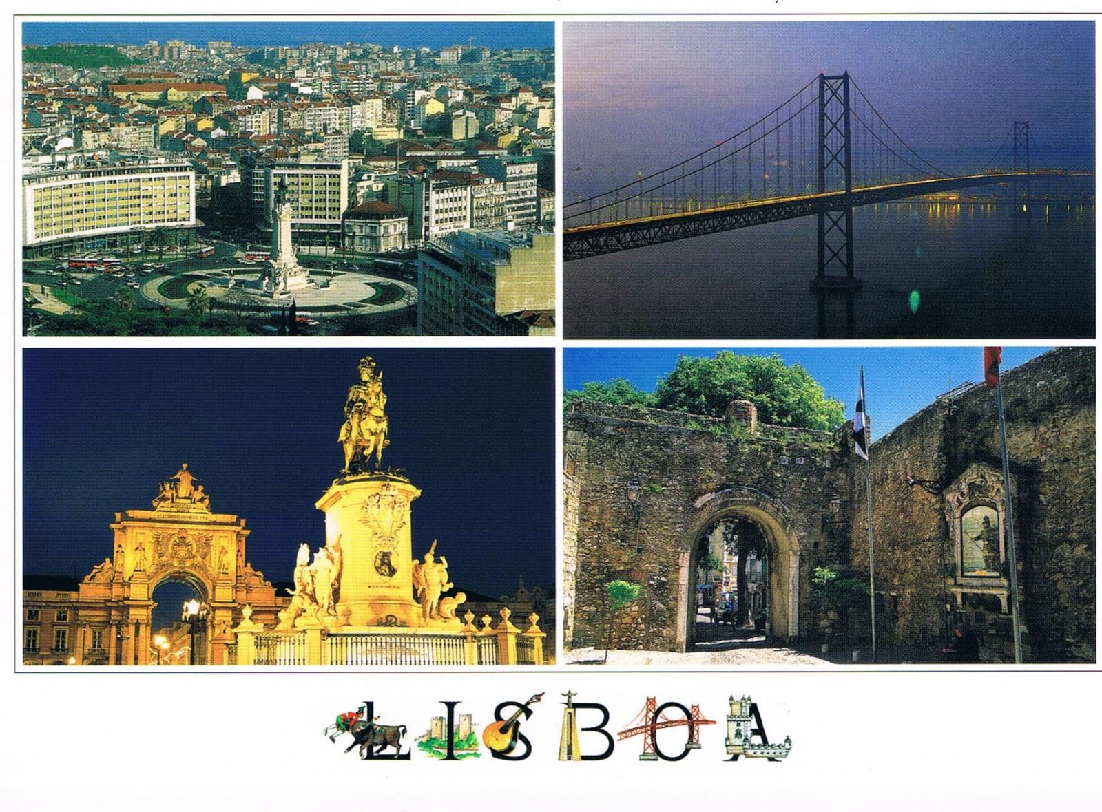 Lisbon Marquês de Pombal, Bridge and Monuments Four-View Premium Postcard