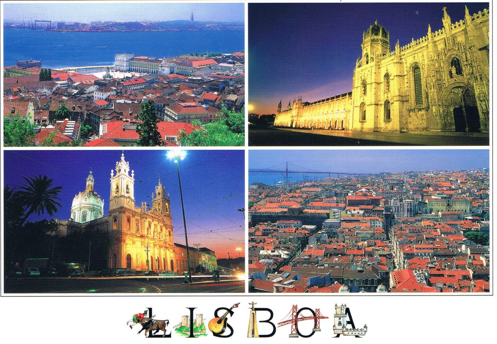 Lisbon Monuments, Jerónimos and Historic Rooftops Four-View Premium Postcard