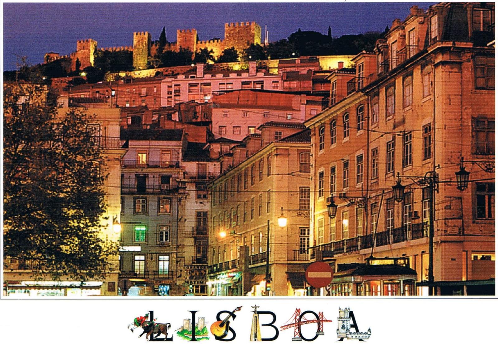 Lisbon São Jorge Castle above Figueira Square at Twilight Premium Postcard
