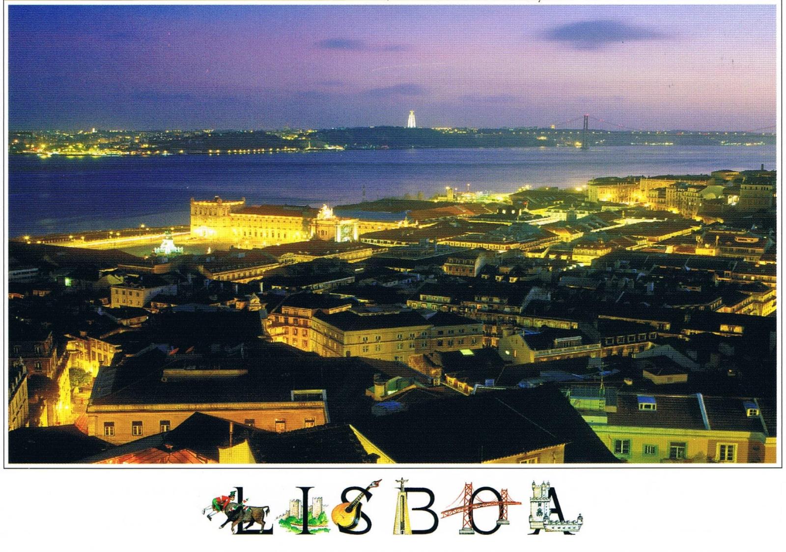 Lisbon Riverfront and City Lights at Twilight Premium Postcard
