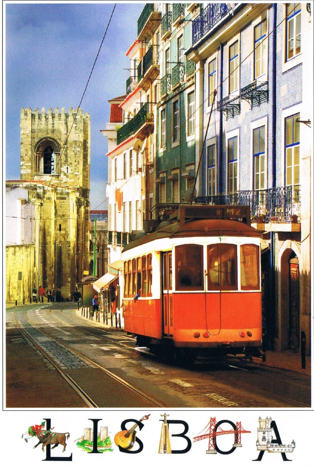 Lisbon Orange Tram beside Historic Church Tower Premium Postcard