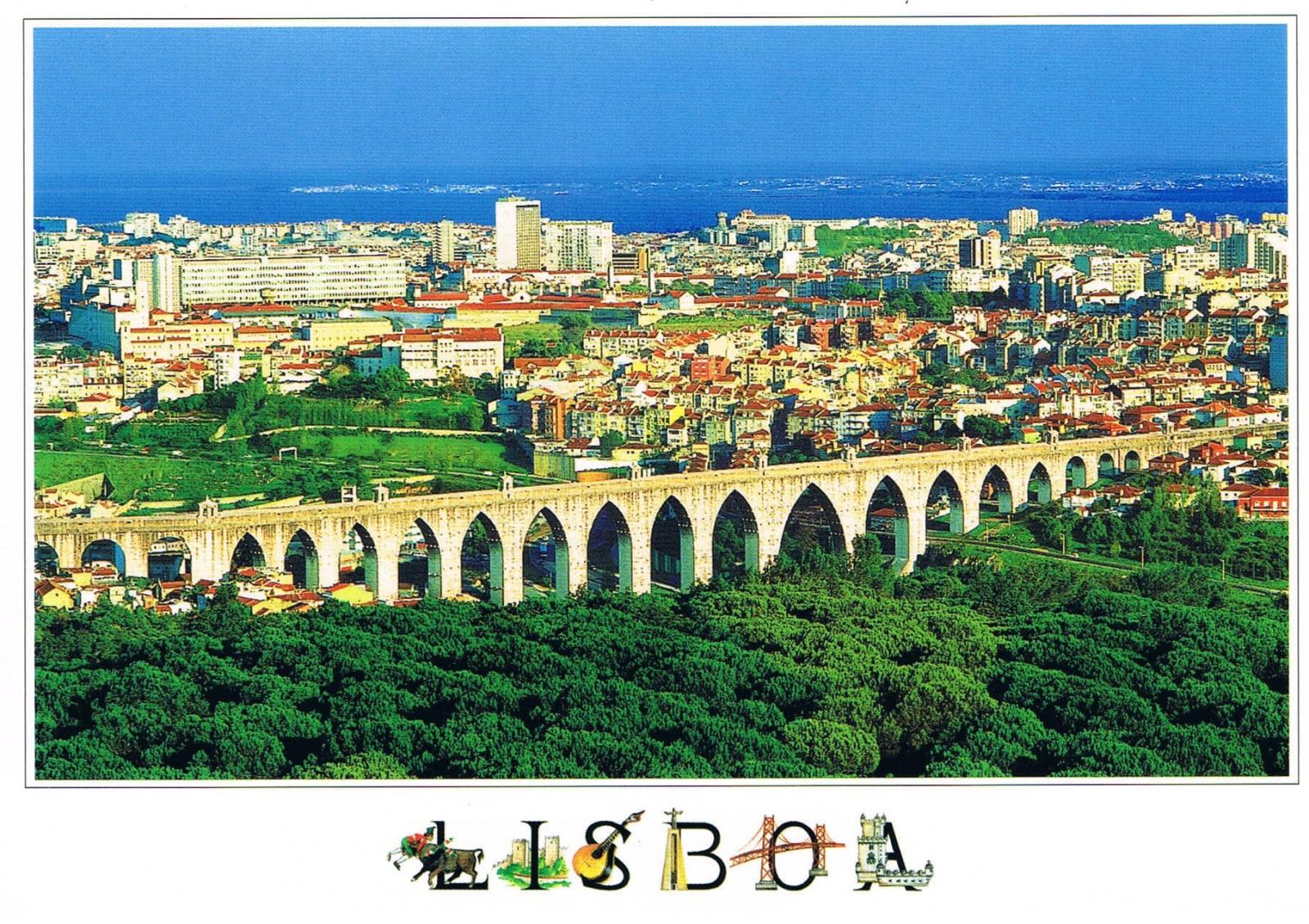 Águas Livres Aqueduct and Lisbon City Panorama Premium Postcard