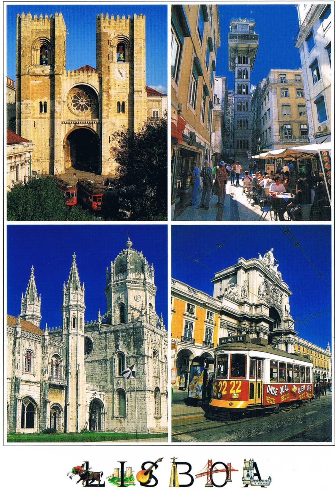 Lisbon Cathedral, Santa Justa Lift and Tram Four-View Premium Postcard