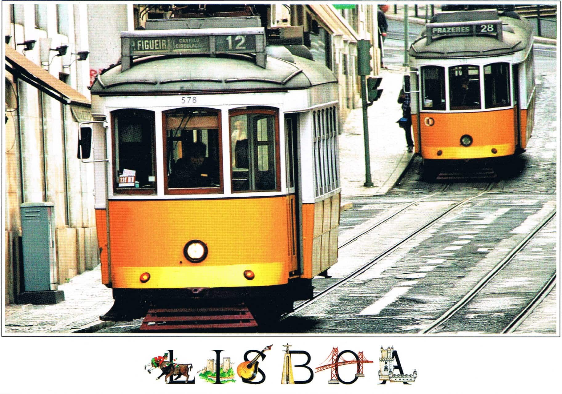 Two Vintage Lisbon Trams on Cobbled Street Premium Postcard