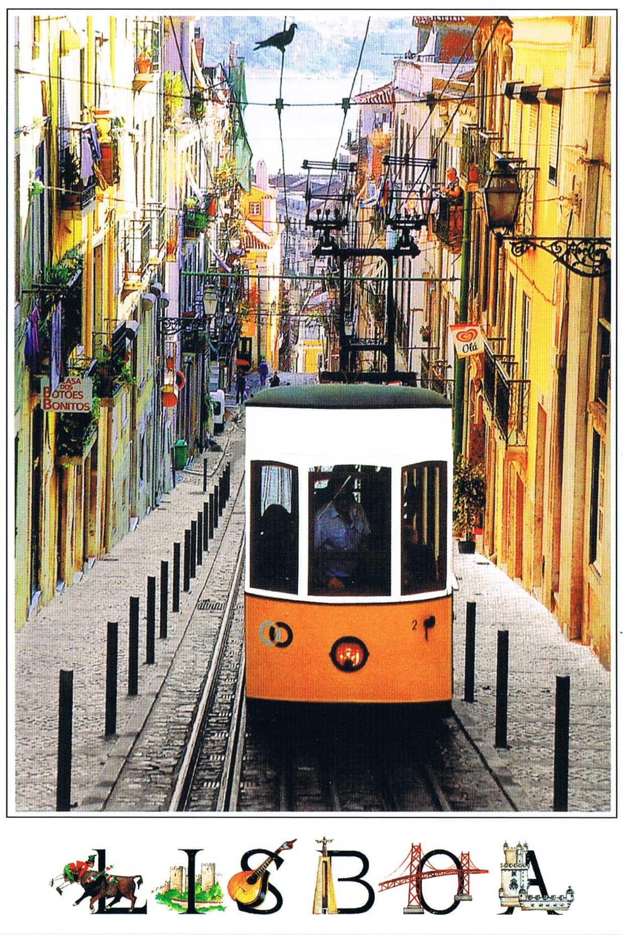 Bica Funicular Lisbon Orange Tram White Border Premium Postcard