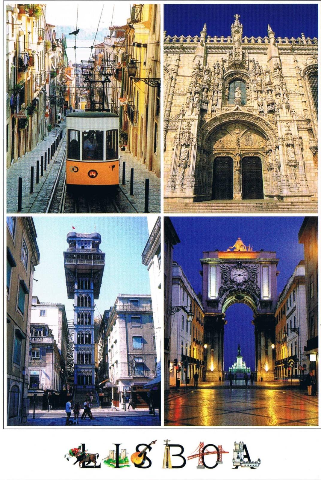 Lisbon Tram, Jerónimos Monastery, Santa Justa Lift and Rua Augusta Arch Premium Postcard