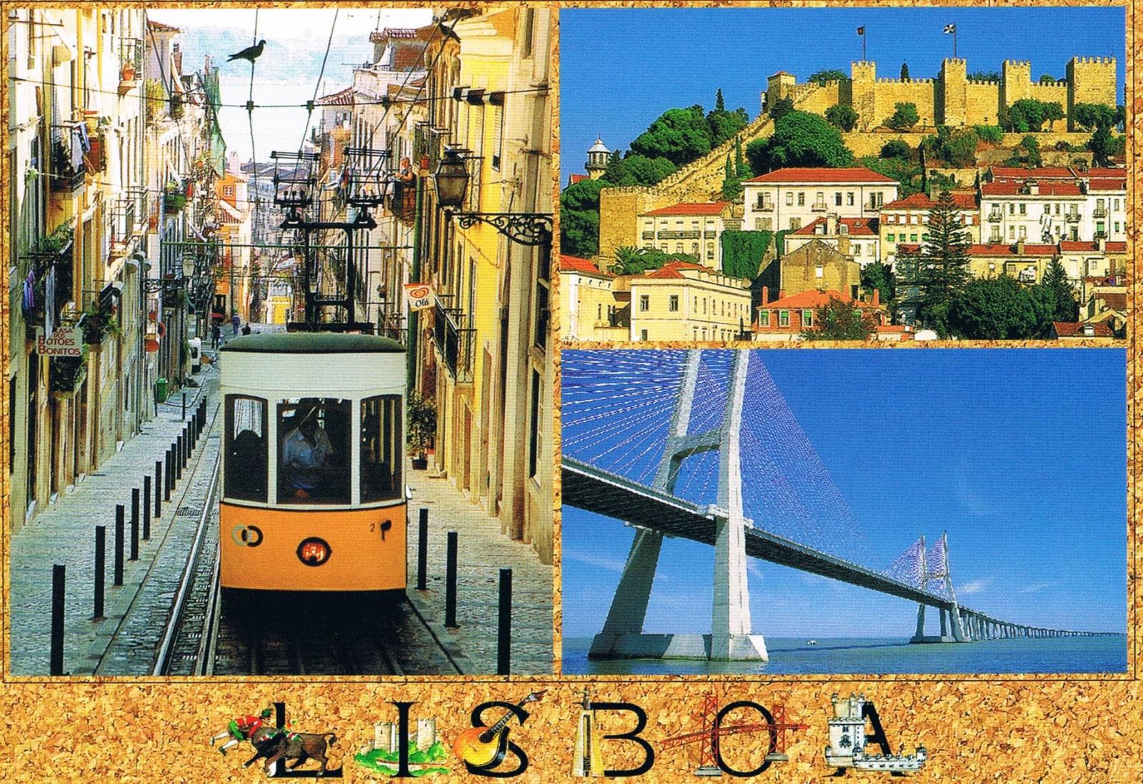 Lisbon Bica Tram, São Jorge Castle and Vasco da Gama Bridge Premium Postcard
