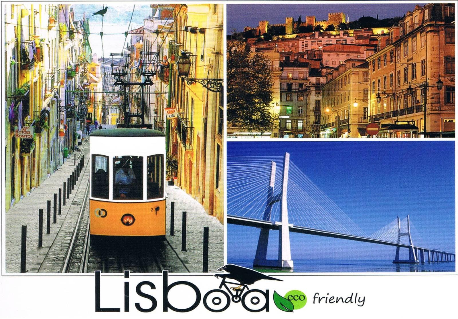 Lisbon Historic Tram, Castle at Night and Vasco da Gama Bridge Premium Postcard