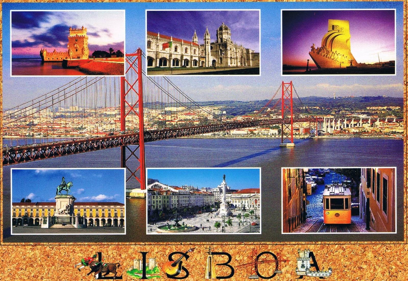 Lisbon 25 de Abril Bridge and Landmarks Collage Gold Border Premium Postcard