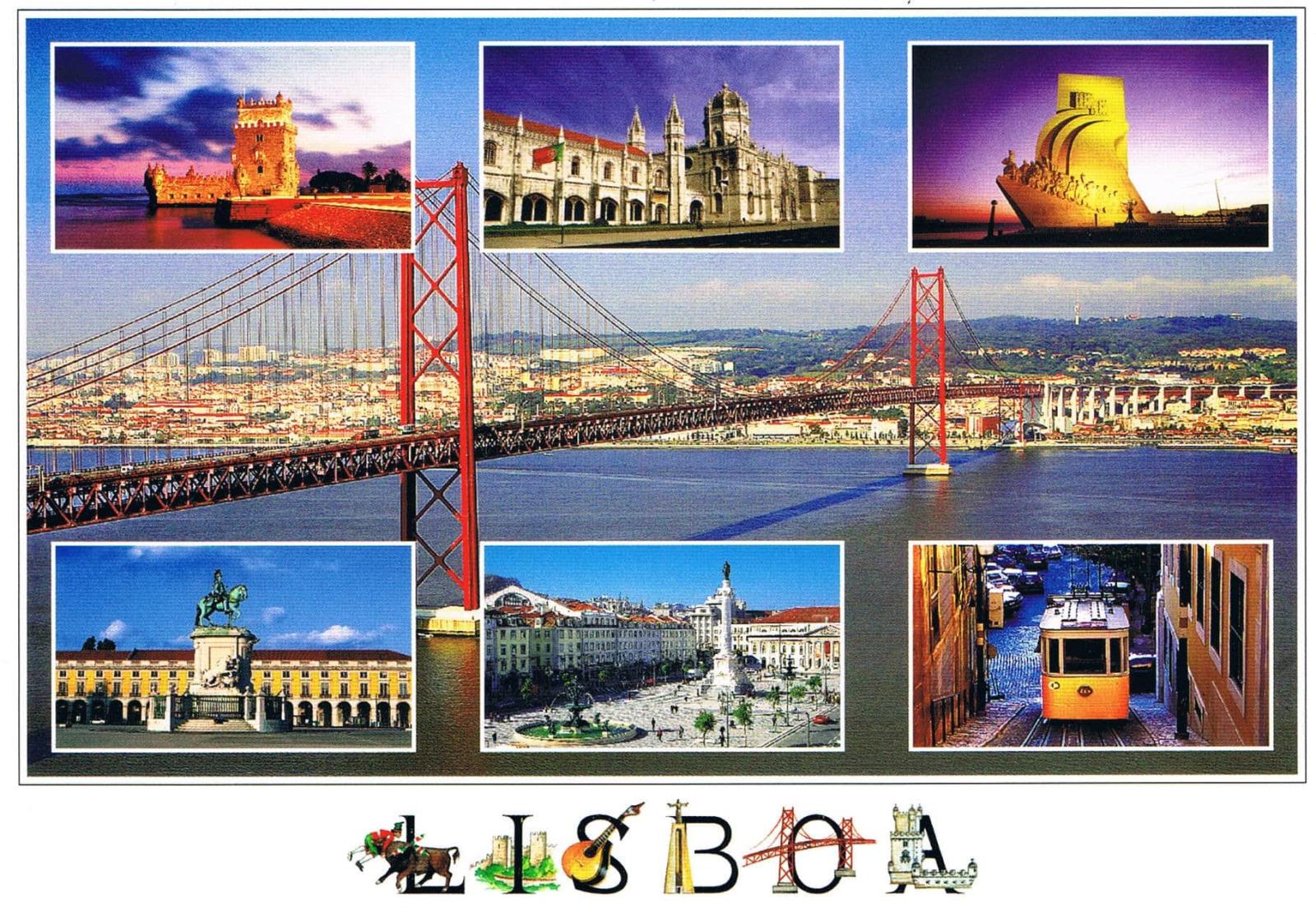 Lisbon 25 de Abril Bridge and Landmarks Collage Blue Border Premium Postcard