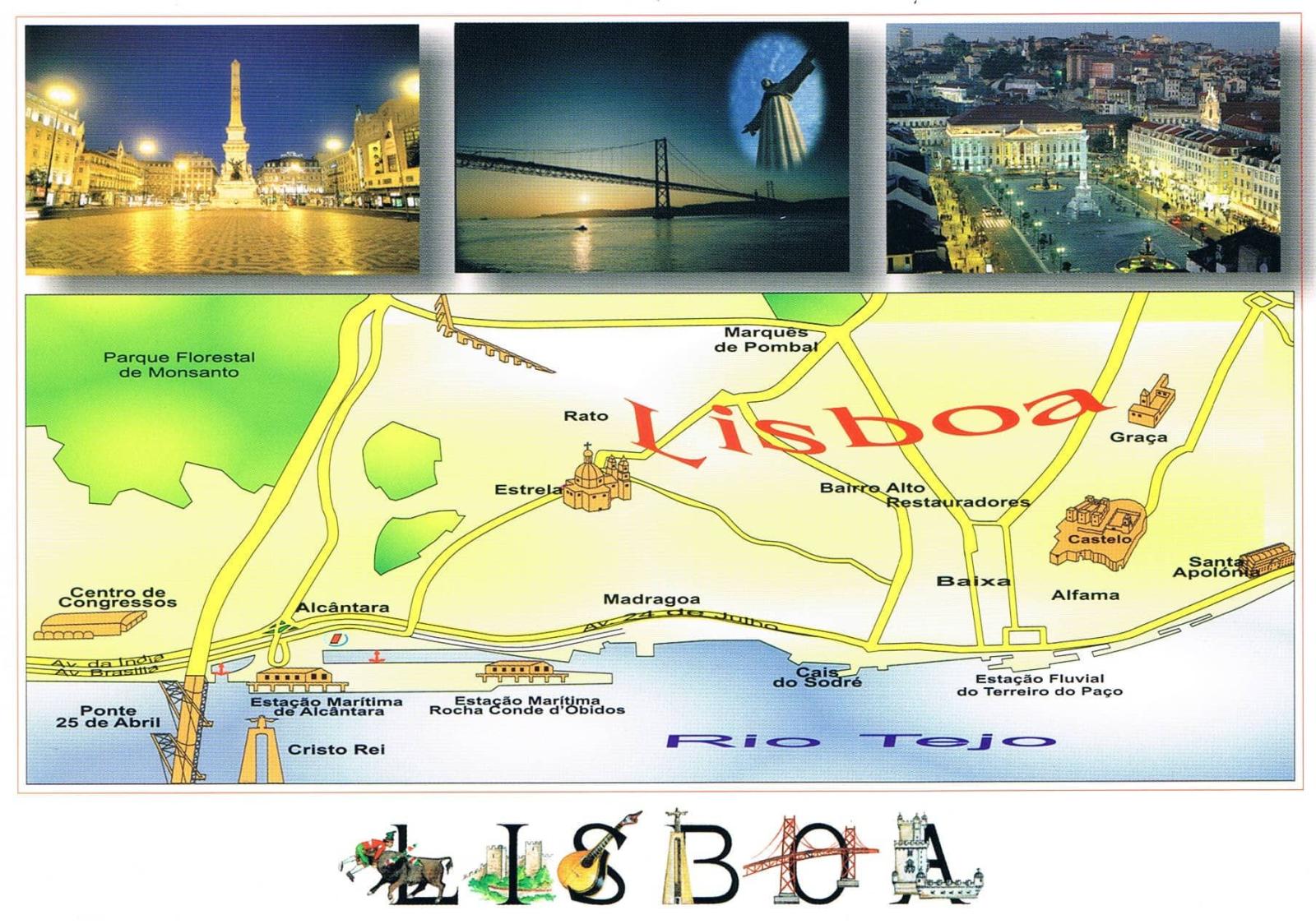 Lisbon Tourist Map and Illuminated City at Night Premium Postcard