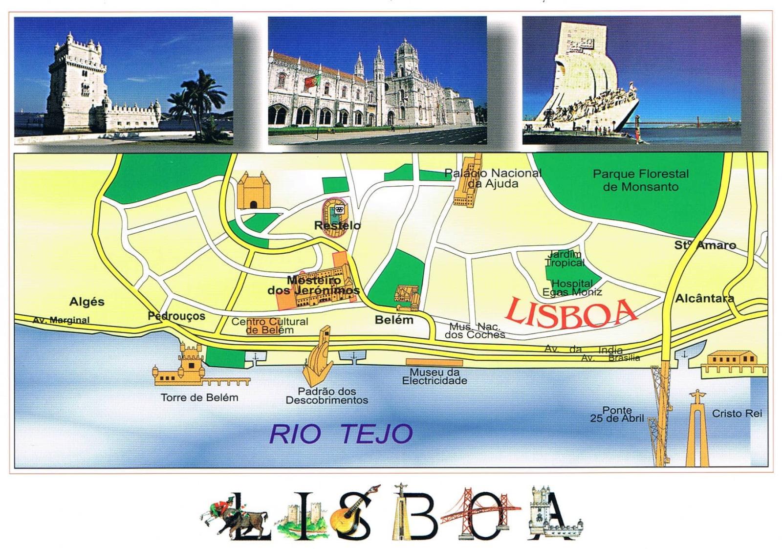 Lisbon Riverfront Tourist Map and Landmark Views Premium Postcard
