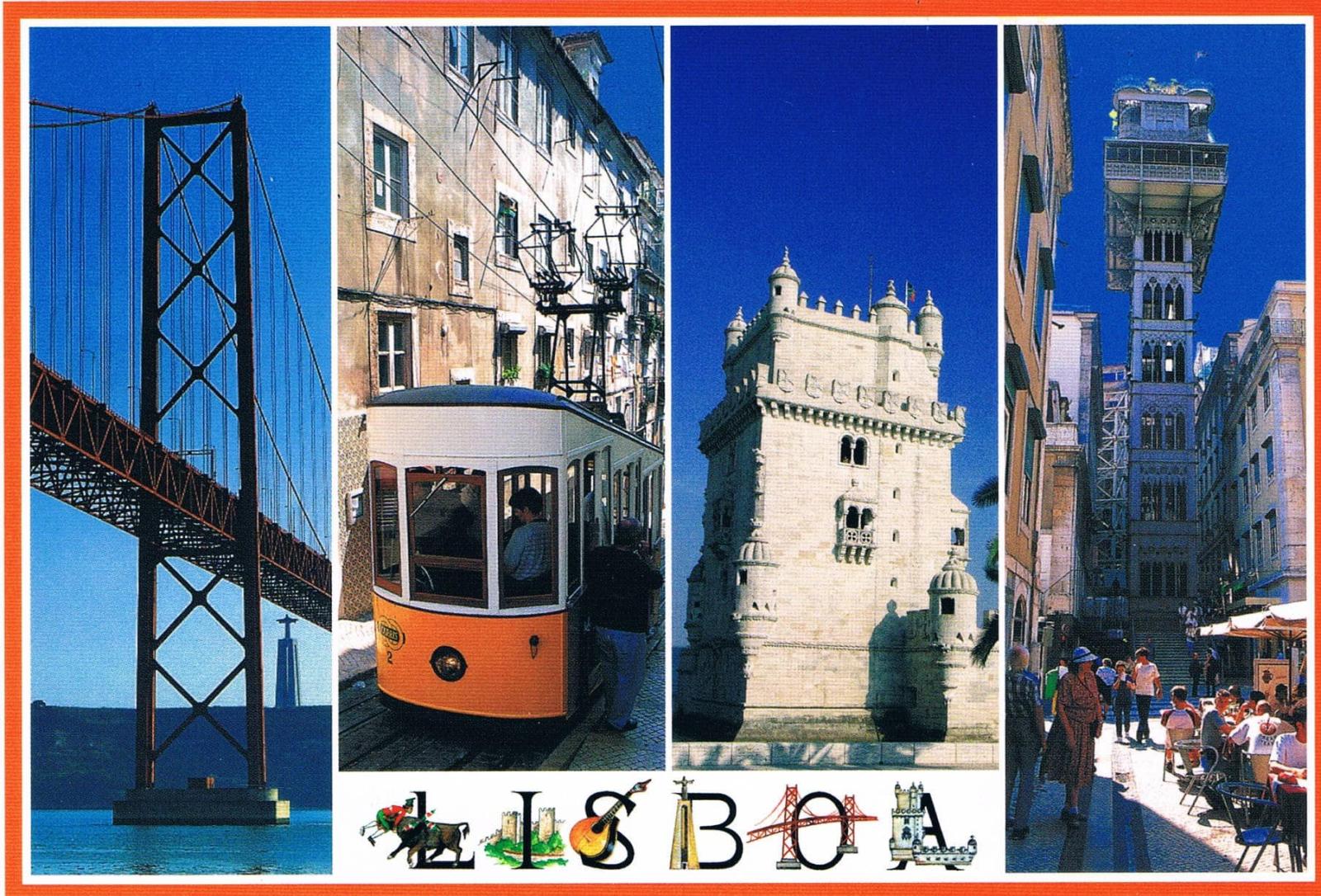 Lisbon Bridge, Belém Tower, Tram and Santa Justa Lift Premium Postcard