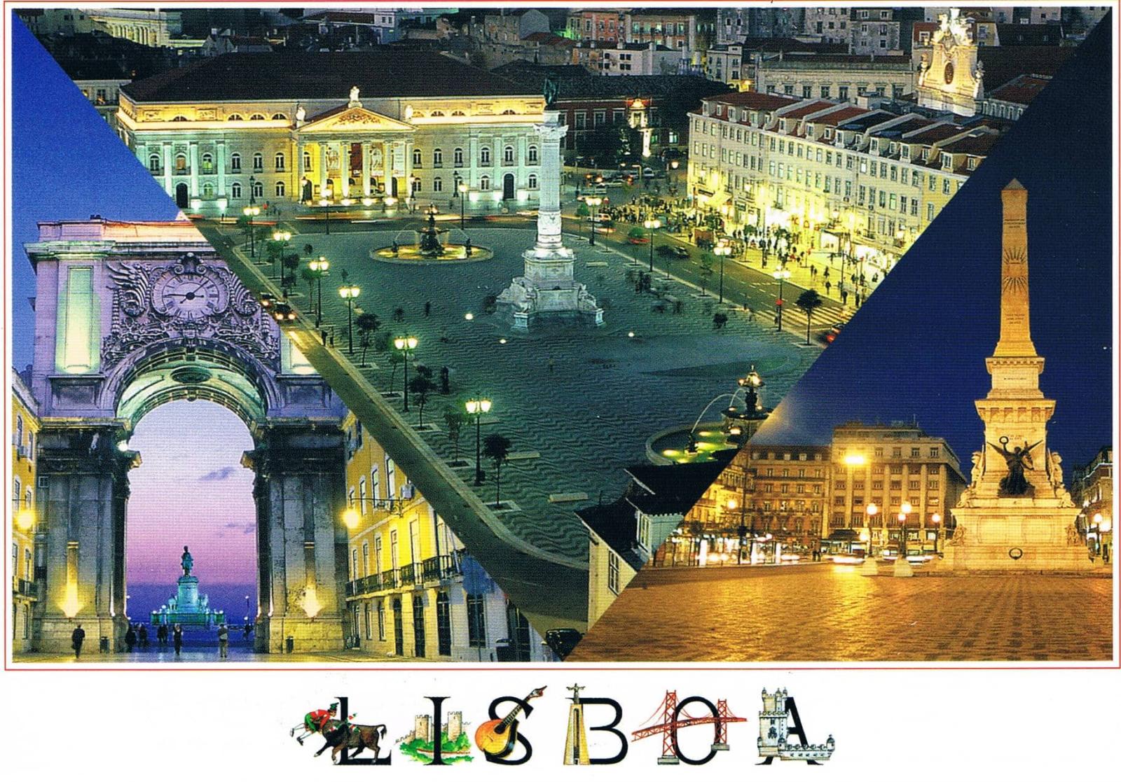 Lisbon Rossio, Restauradores and Rua Augusta Night Premium Postcard