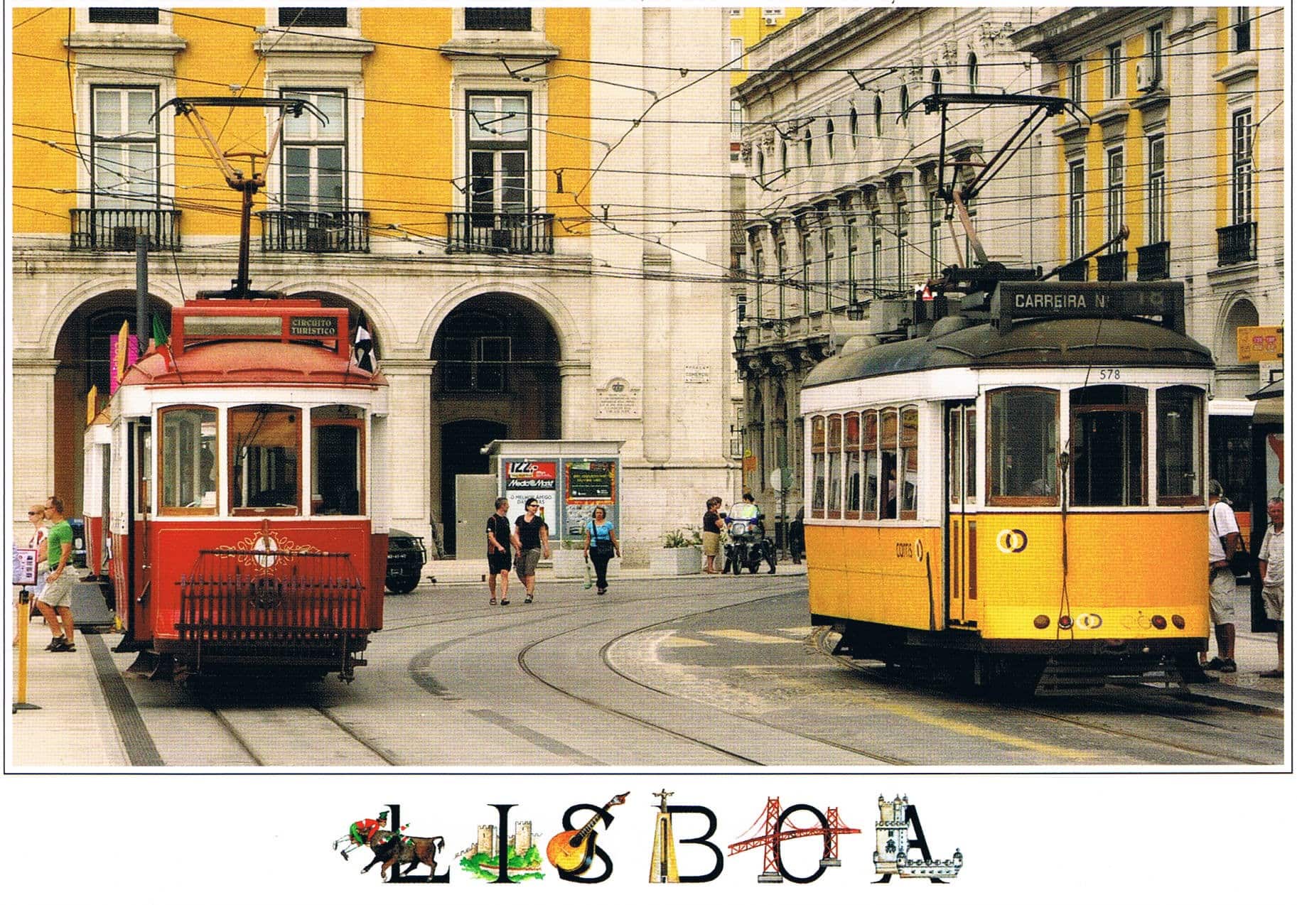 Lisbon Red and Yellow Trams in Historic Square Premium Postcard