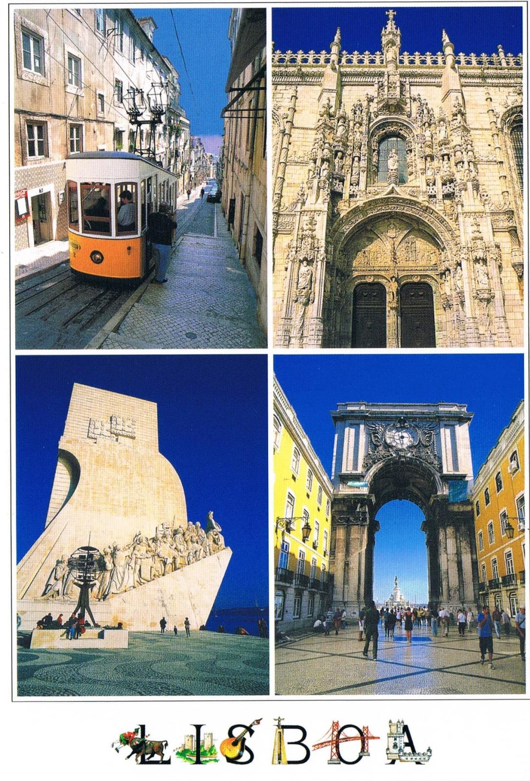 Lisbon Tram, Jerónimos, Discoveries and Rua Augusta Arch Premium Postcard