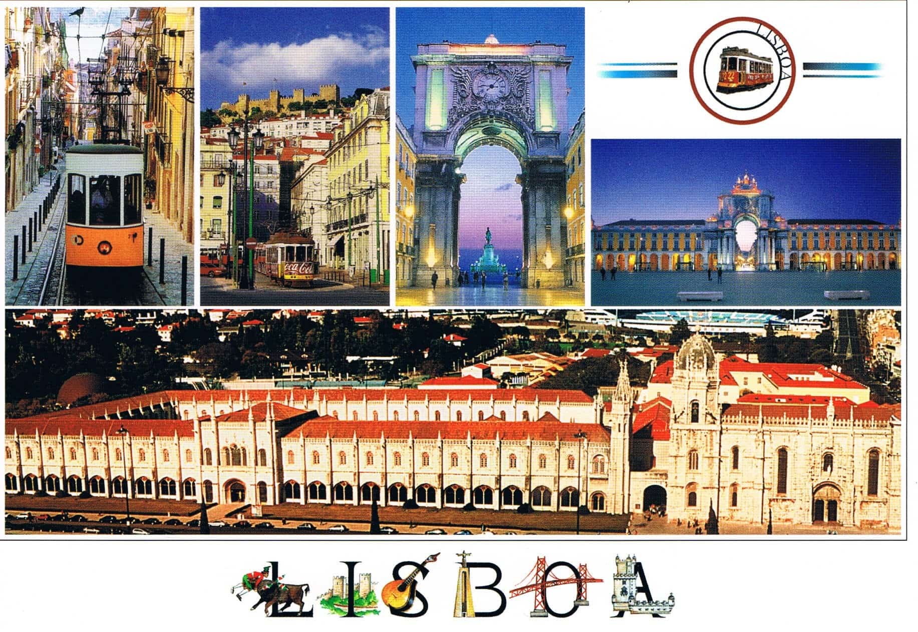 Lisbon Tram, Rua Augusta Arch and City Panorama Premium Postcard