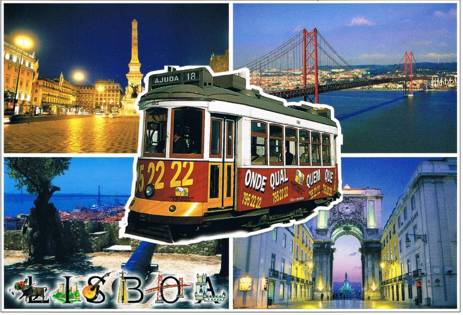 Lisbon Tram, 25 de Abril Bridge and Monuments Premium Postcard