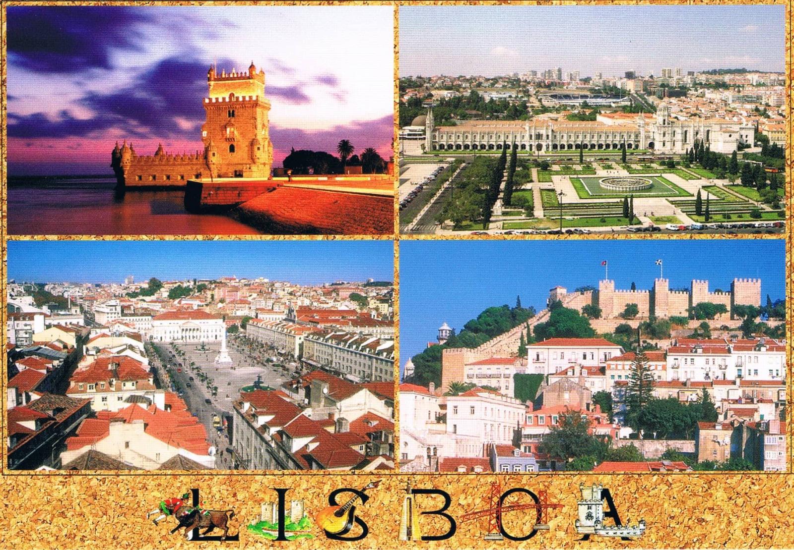Lisbon Belém Tower and City Panoramas Four-View Premium Postcard — Gold Border
