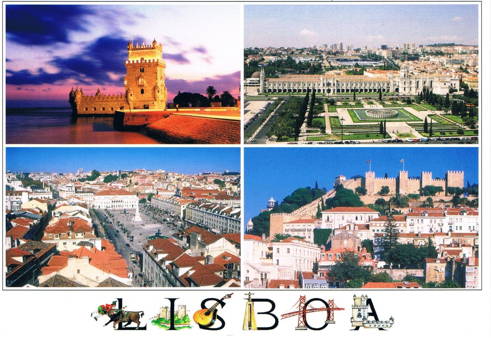 Lisbon Belém Tower and City Panoramas Four-View Premium Postcard — White Border
