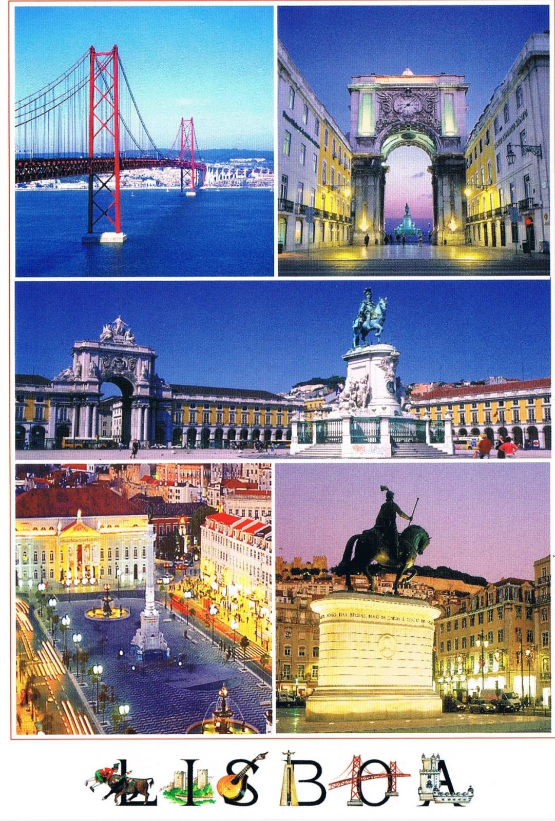 Lisbon Bridges, Commerce Square and Rossio Landmarks Premium Postcard