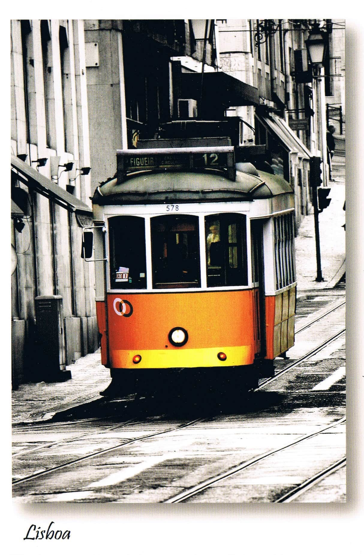 Lisbon Yellow Tram on Narrow Street Selective Colour Premium Postcard