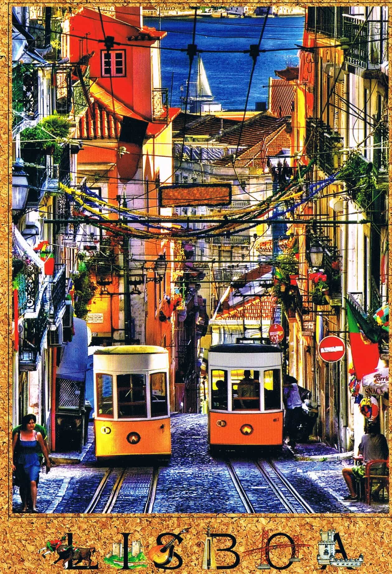 Lisbon Two Yellow Trams on Historic Street Premium Postcard — Gold Border