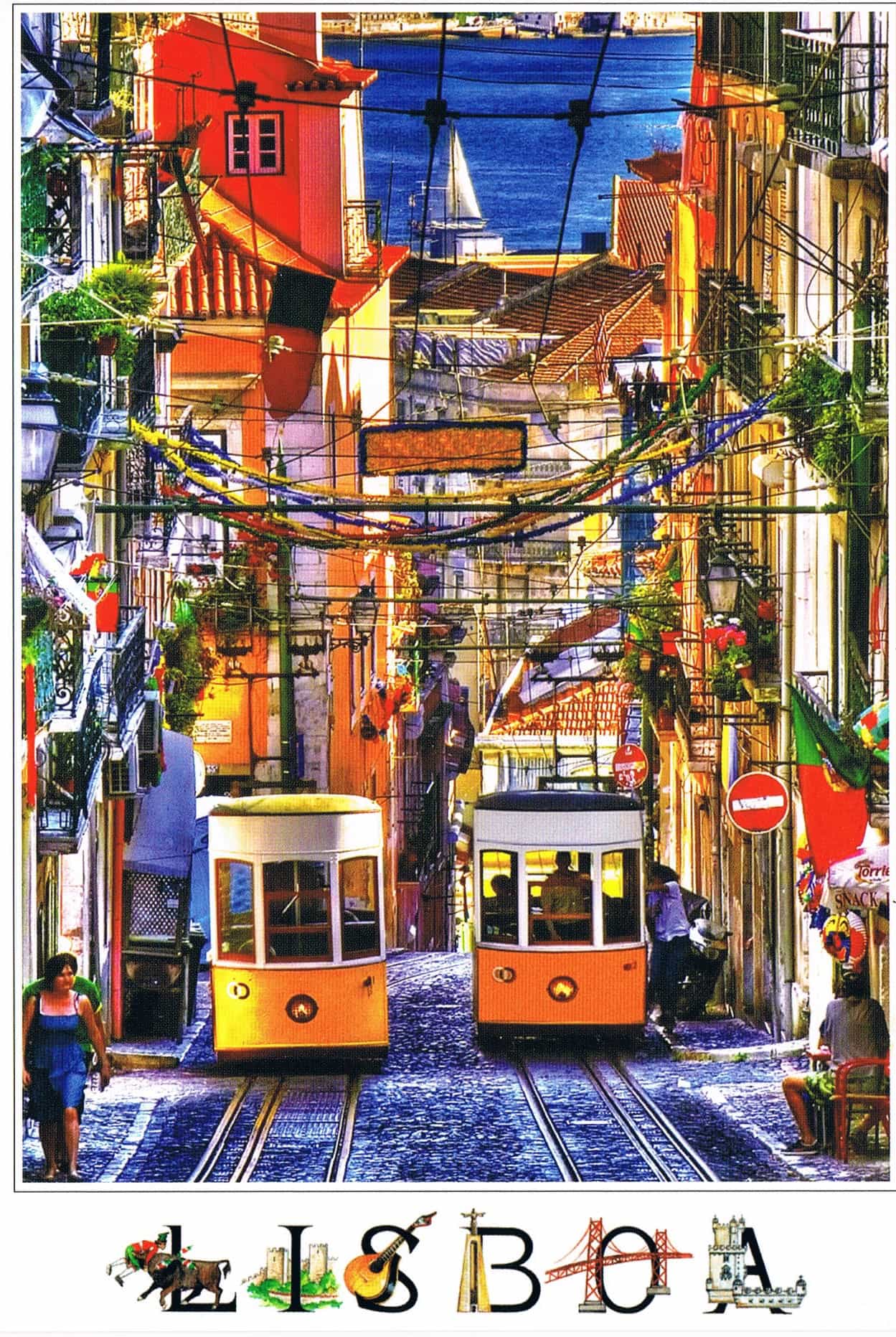 Lisbon Two Yellow Trams on Historic Street Premium Postcard — White Border