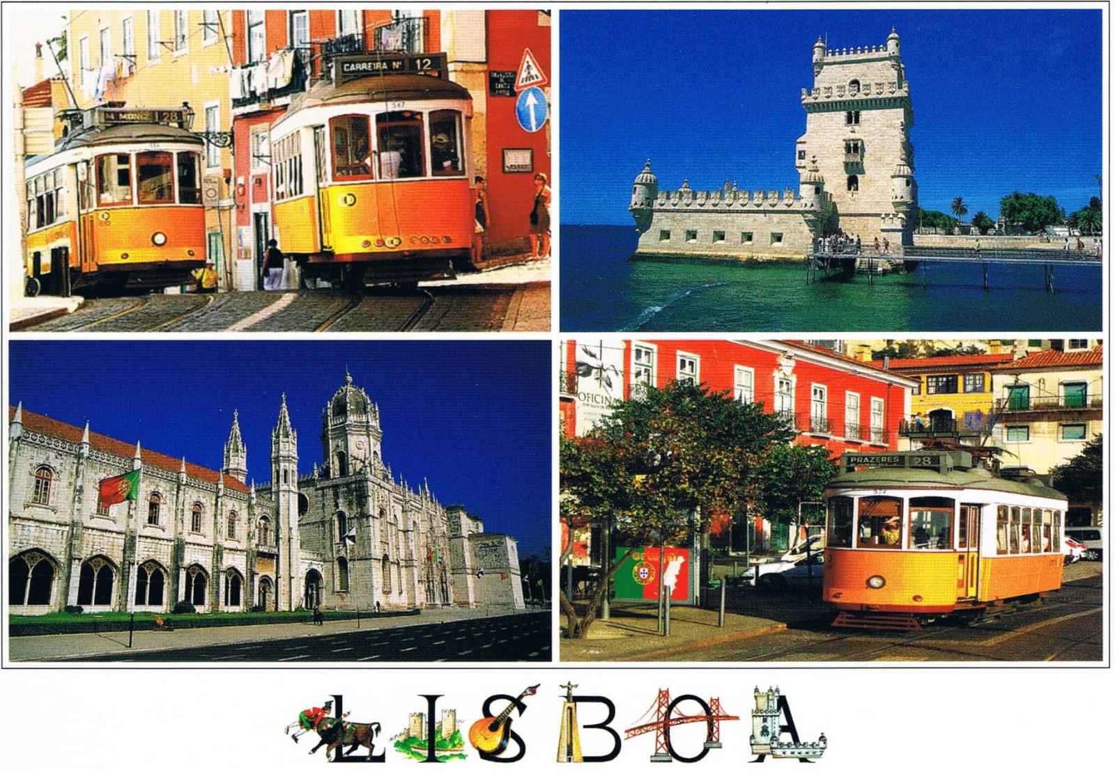 Lisbon Trams, Belém Tower and Jerónimos Four-View Premium Postcard